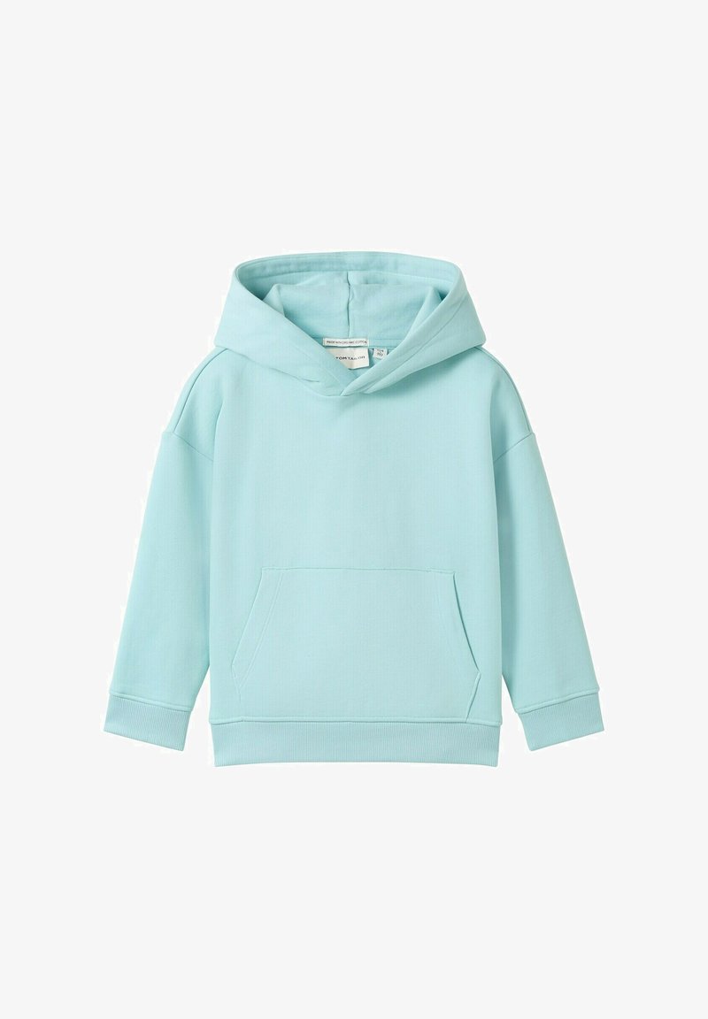 Sudadera azul clara hecha de tela suave, con un gran bolsillo frontal, mangas anchas y capucha ajustable con cordón. Textura suave.