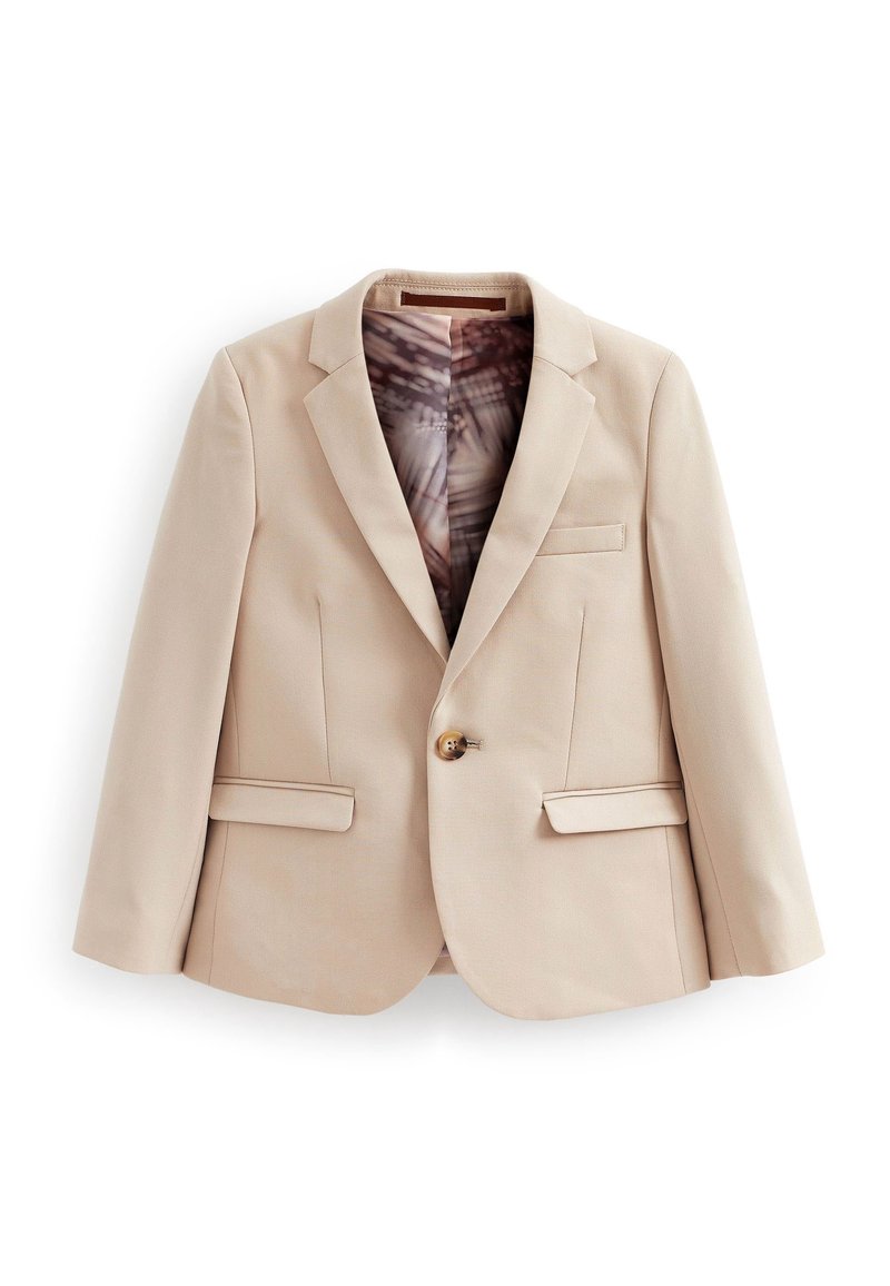 Blazer beige con rever a punta, chiusura con un solo bottone, due tasche frontali e foderato con un motivo visibile nell'interno aperto.