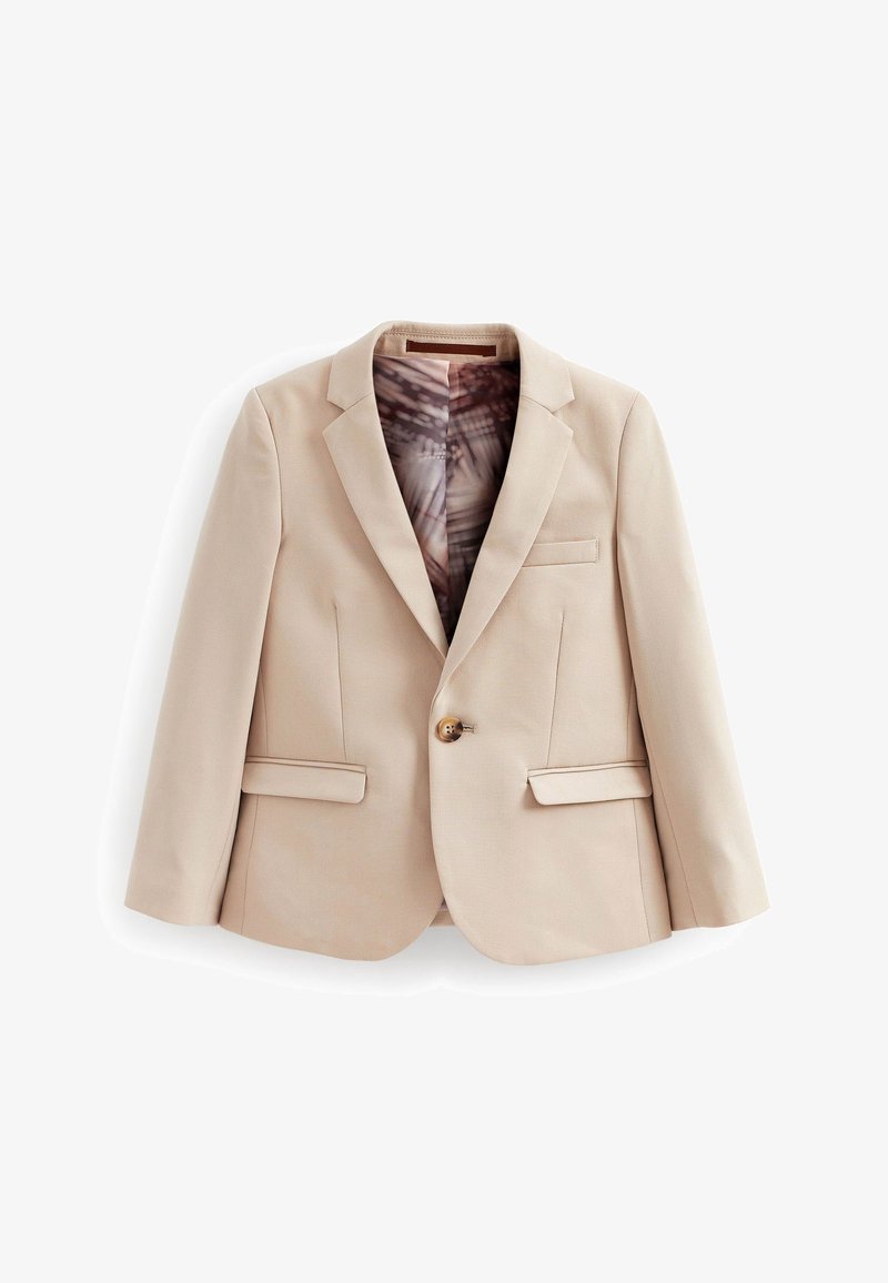 Blazer beige con rever a punta, chiusura con un solo bottone, due tasche frontali e foderato con un motivo visibile nell'interno aperto.