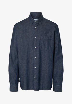 Mørk denim langermet skjorte med knappelukking, spiss krage og én brystlomme. Glatt tekstur med subtil vertikal vevemønster.