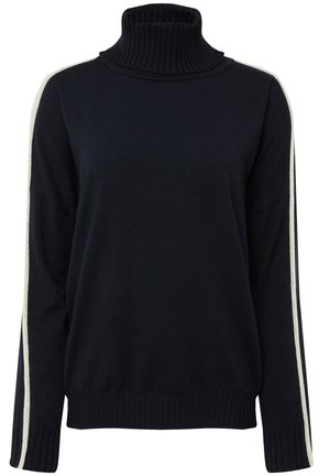 Maglione a collo alto navy realizzato in morbido tessuto, con colletto e polsini a costine, arricchito da strisce laterali bianche in contrasto. Maniche lunghe, vestibilità comoda.