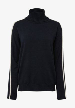 Navy coltrui gemaakt van zacht materiaal, met ribgebreide kraag en manchetten, en contrasterende witte zijstrepen. Lange mouwen, ruime pasvorm.