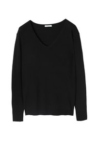 Maglione nero a maglia con maniche lunghe e scollo a V profondo. Tessuto morbido con vita aderente e polsini a coste. Design semplice, senza motivi o dettagli.