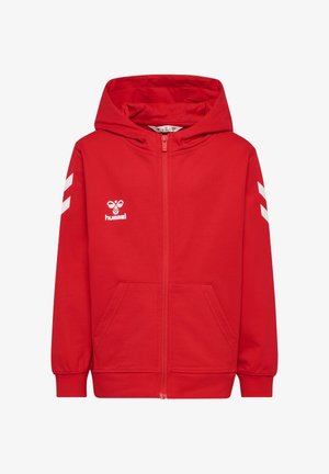Rode hoodie met rits en capuchon, voorzakken, wit hummel-logo op de borst en witte chevronstrepen op de mouwen.