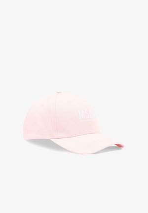 Cappellino da baseball rosa chiaro con visiera curva e logo "MSGM" ricamato in bianco sul pannello frontale, mostrato su uno sfondo bianco.