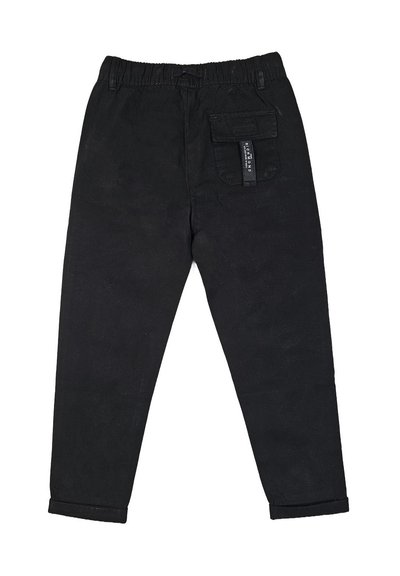 Pantaloni in cotone neri con vita elastica, orli aderenti e una tasca laterale con etichetta. Tessuto liscio con elementi di design minimi.