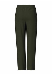 Dunkelgrüne, elastische Hosen mit geradem Bein, aus weichem Stoff gefertigt. Sie haben keine sichtbaren Muster oder Akzente.