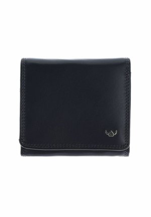 Portefeuille bifold en cuir noir avec couture visible et petit logo métallique dans le coin inférieur droit, présenté sur fond blanc.