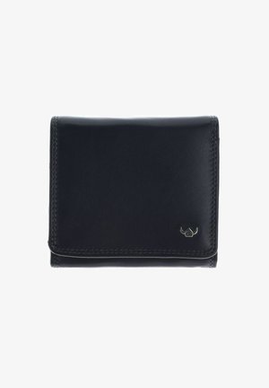 Portefeuille bifold en cuir noir avec couture visible et petit logo métallique dans le coin inférieur droit, présenté sur fond blanc.