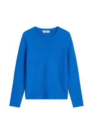 Blauwe trui met lange mouwen en een ronde hals. Gemaakt van een zachte, getextureerde stof. Heeft een rechte zoom en subtiele stiksel-details.
