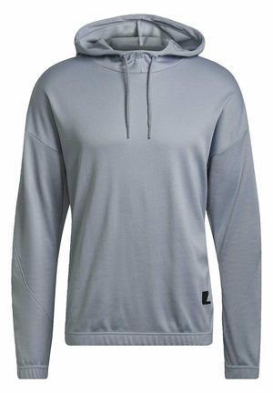 Light grey long-sleeve hoodie with a drawstring, textured fabric, relaxed fit, and logo tag on the lower left side.