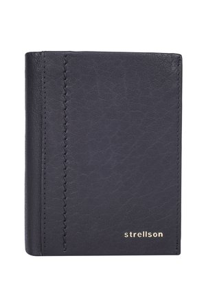 Cartera de cuero negro con acabado texturizado, con detalle de costura lateral y logotipo en relieve dorado en el frente. Forma compacta y rectangular.