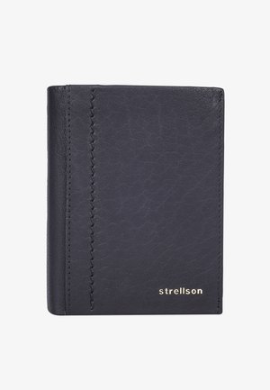 Portefeuille en cuir noir à finition texturée, avec un détail de couture latérale et un logo embossé en or sur le devant. Forme compacte et rectangulaire.