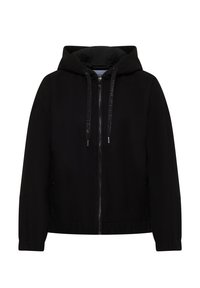 Chaqueta negra con capucha, cierre de cremallera, cordones ajustables, mangas largas y bolsillos delanteros.