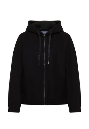 Zwarte capuchon met rits, lange mouwen en voorzakken, met verstelbare koorden.