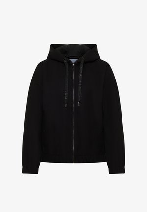 Czarna kurtka z kapturem na zamek błyskawiczny, z sznurkami ściągającymi, długimi rękawami i przednimi kieszeniami.