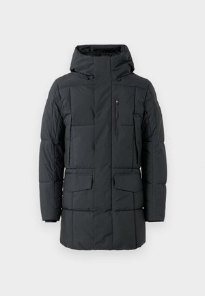 Parka noire isolée avec capuche, design matelassé, poche poitrine zippée, deux poches avant et poignets ajustables. Tissu lisse et résistant à l'eau.