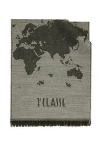 Plaid tessuto con motivo mappa del mondo in grigio scuro su sfondo grigio chiaro, con bordi sfrangiati e testo "1° CLASSE" in basso.