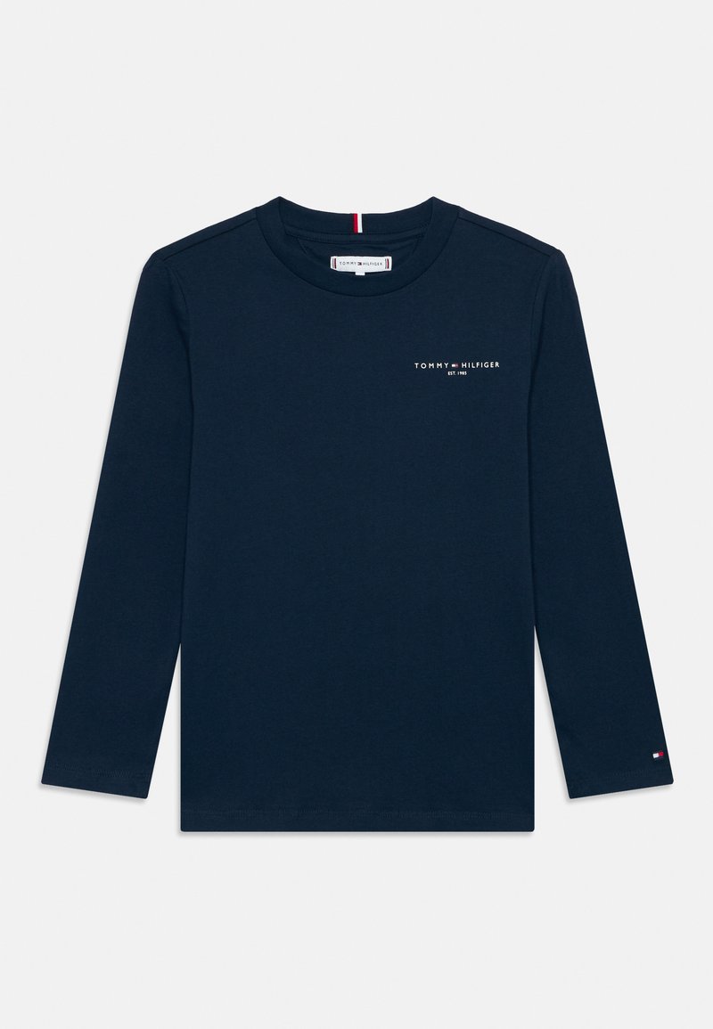 Marineblaues Langarm-T-Shirt aus Baumwolle, mit Rundhalsausschnitt, Logo-Druck auf der Brust und einem kleinen Akzent-Logo auf dem Ärmel.
