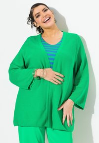 Grön, öppen framsida, långärmad cardigan över en blå- och grönrandig topp, med avslappnad passform och mjuk textur. Guldarmband pryder handleden.