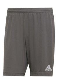 Pantalones cortos deportivos grises hechos de una tela ligera, con una cinturilla elástica y un pequeño logo blanco de Adidas en la parte inferior derecha.