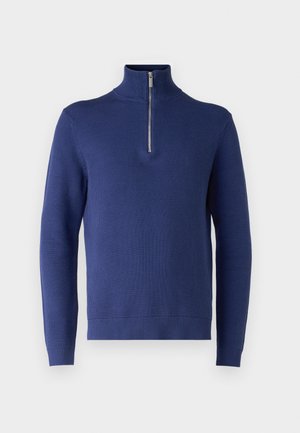 Navy blue pullover sweater with a high collar and half-zip, featuring a textured knit pattern and ribbed cuffs and hem.