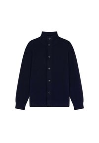 Cardigan a costine blu navy con colletto alto, chiusura frontale con bottoni e maniche lunghe. Realizzato in materiale a maglia testurizzata.
