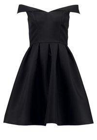Black off-the-shoulder dress made of smooth fabric with a fitted bodice and a flared, pleated skirt. Simple, elegant design without patterns.