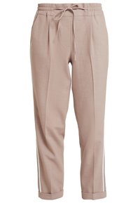 Ljust rosa byxor i texturerat tyg. Har en avslappnad passform, elastisk midja med knytning, framfickor och vita sidostripes.