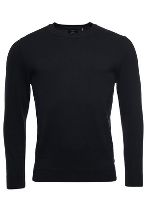 Sort langærmet rundhalset sweater med tætsiddende pasform og ribstrikkede ærmeafslutninger og kant på hvid baggrund.