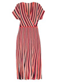 Abito a righe con design avvolgente, maniche corte e lunghezza midi. I colori includono rosso, nero e crema con diverse larghezze delle righe.