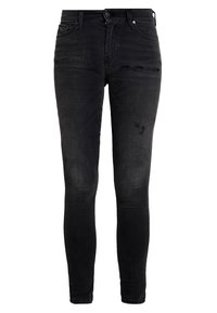 Svarta slim-fit jeans med subtila slitna detaljer på låren och knäna, med framfickor och bältesloopar.