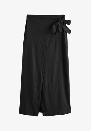 Juodas apvyniojamas sijonas išLengvo audinio, su šonine raištelių uždanga, midi ilgio, glotnios tekstūros ir įstrižo priekinio persidengimo dizainu.