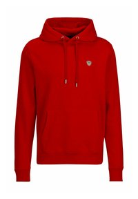 Rode hoodie met een kangoeroezak, verstelbare trekkoorden en een klein schildlogo op de borst. Gemaakt van zachte stof.