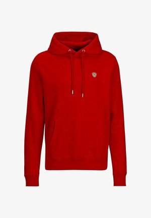 Rode hoodie met een kangoeroezak, verstelbare trekkoorden en een klein schildlogo op de borst. Gemaakt van zachte stof.