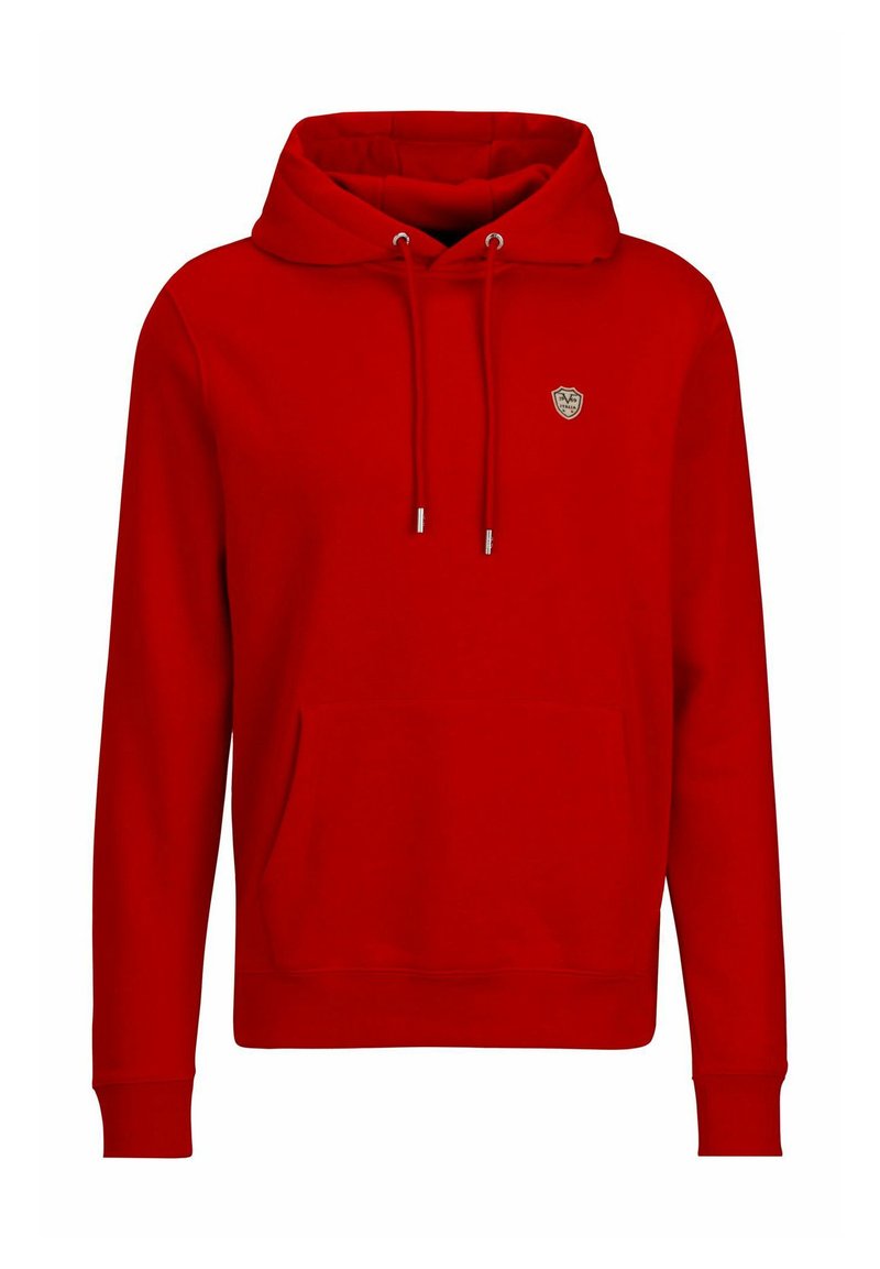 Rode hoodie met een kangoeroezak, verstelbare trekkoorden en een klein schildlogo op de borst. Gemaakt van zachte stof.