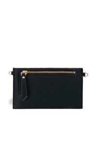 Black leather wallet with a gold zipper and a decorative tag, displayed against a white background.