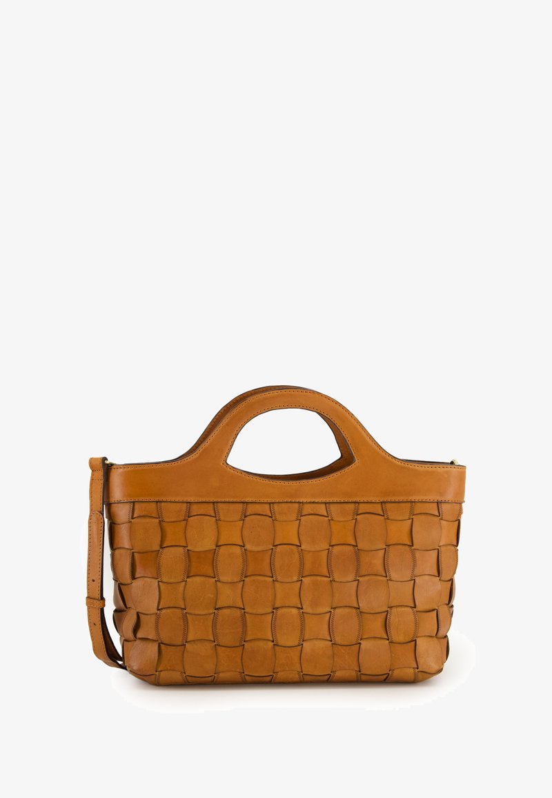 Sac à main en cuir marron avec texture tissée, en forme rectangulaire, poignées robustes et bandoulière détachable. Fermeture éclair en haut.