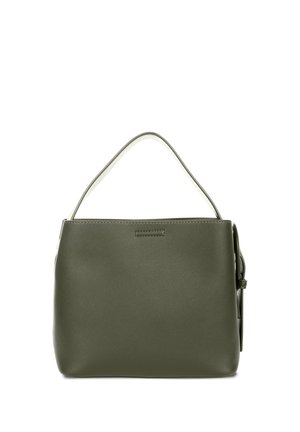 Oliwkowa skórzana torebka na ramię z pojedynczym paskiem i minimalistyczną, prostokątną sylwetką.