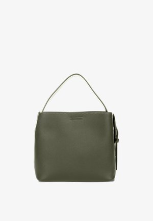 Torba od kožne maslinasto zelene boje s jednom naramenicom i minimalističkim, pravokutnim oblikom.