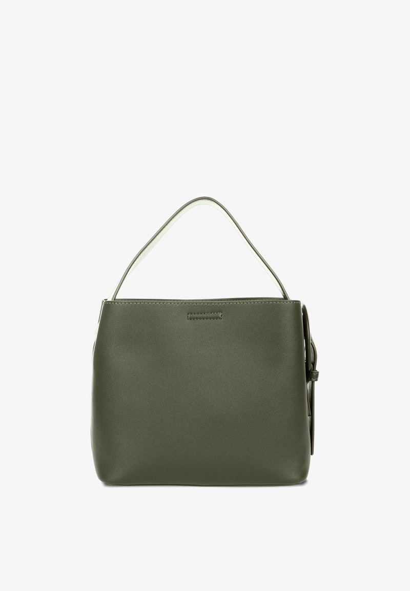Kožená kabelka olivově zelené barvy s jedním ramenním popruhem a minimalistickým obdélníkovým tvarem.