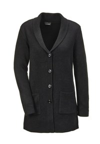 Schwarzer Cardigan aus strukturiertem Stoff, mit Schalkragen, frontalen Taschen und sechs Knopfverschlüssen.