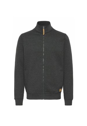 Dragkedja sweatshirt i mörkgrått med hög krage, sidofickor, ribbade ärmslut och en liten läderlogotyp vid nederkanten. Mjuk textur.