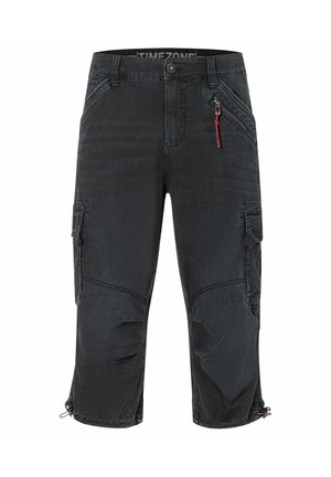 Black three-quarter cargo pants with front and side pockets, zip detail with red pull, and adjustable hems.