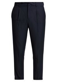 Námořnické kalhoty s úzkým střihem, texturovanou tkaninou, předními sklady a zkrácenou délkou s ohrnutými lemy. Standardní pas a poutka na opasek.