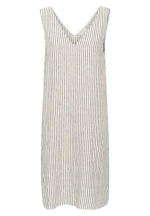 Vestido sin mangas a rayas en beige claro y gris. Presenta un escote en V y corte recto, hecho de una tela suave y texturizada.