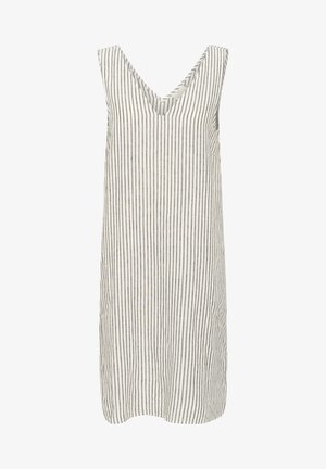 Gestreiftes ärmelloses Kleid in Hellbeige und Grau. Mit V-Ausschnitt und geradem Schnitt, aus weichem, strukturiertem Stoff gefertigt.