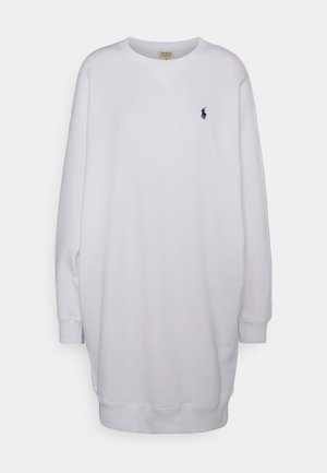 Hvid sweatshirt-kjole med lange ærmer, rund halsudskæring og lille navyblåt polo-spiller logo på brystet.