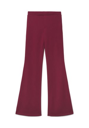 Pantaloni bordeaux a vita alta a zampa, con linee pulite e senza chiusure visibili, mostrati su sfondo bianco.
