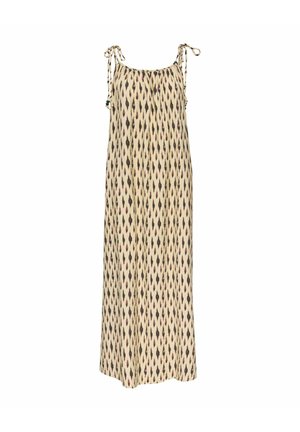 Robe maxi sans manches avec fond beige et motif de gouttes marron, dotée de bretelles à nouer réglables aux épaules avec de petites perles.